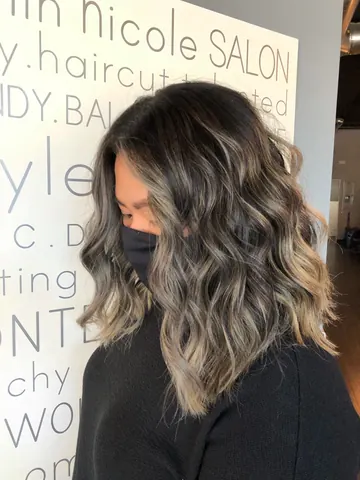 Mushroom-brown balayage with face-framing pieces by Tian at Kaylin Nicole Studio