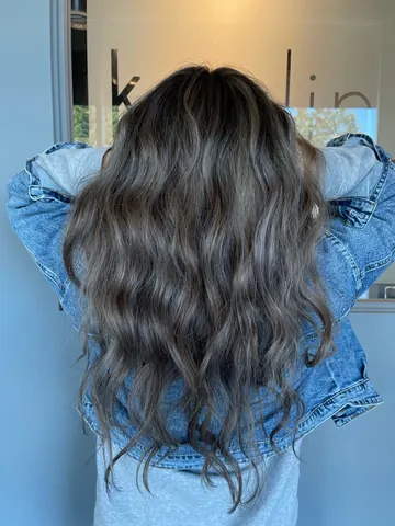 Long brunette waves with soft ash dimension by Tian